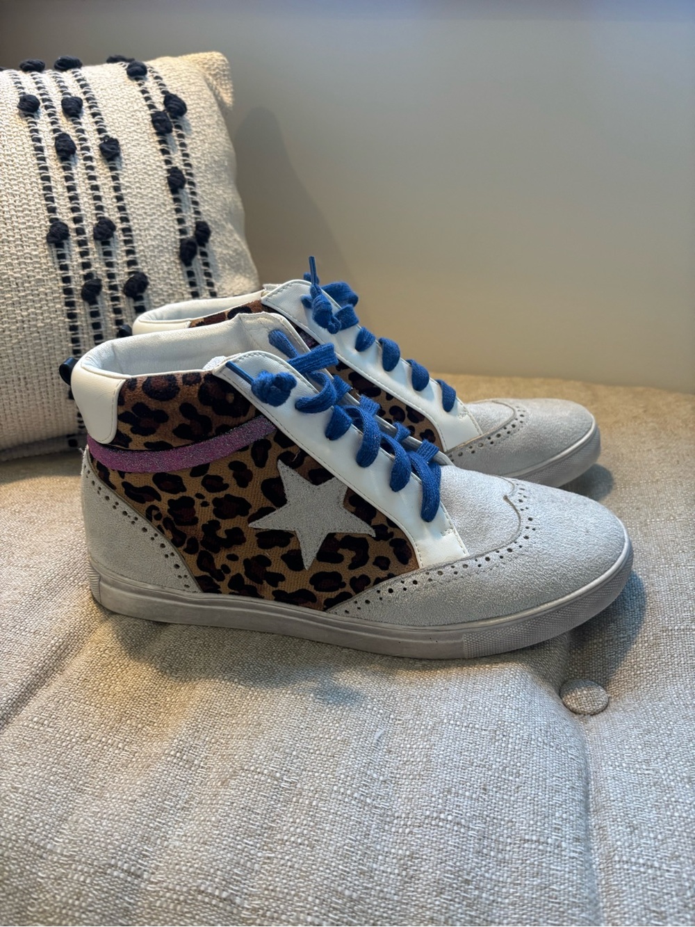 ShuShop White Sneakers with Leopard Panels and Blue Laces